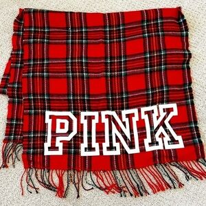 Victoria's Secret Pink Holiday Blanket Scarf Red Plaid Fringe Soft Christmas